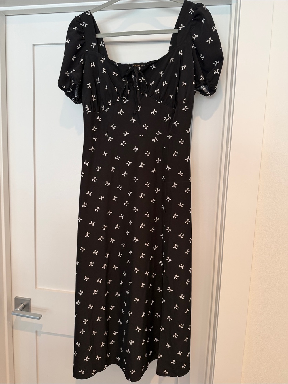 Black Midi Dress with White Bow Print and Puff Sleeves